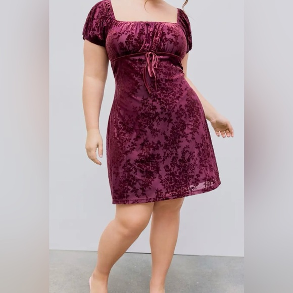 Cider Dresses & Skirts - Cider Square Neck Maroon Floral Short Sleeve Velvet‎ Dress Size 1X NWT.
